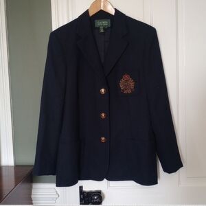 Lauren Ralph Lauren Crested Crown Emblem Logo dark navy wool blazer size 12